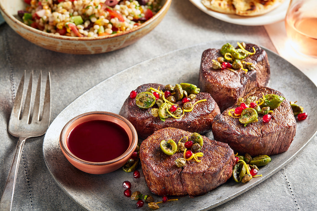 Mediterranean Filet Mignon with Fried Capers and Pomegranate Sauce