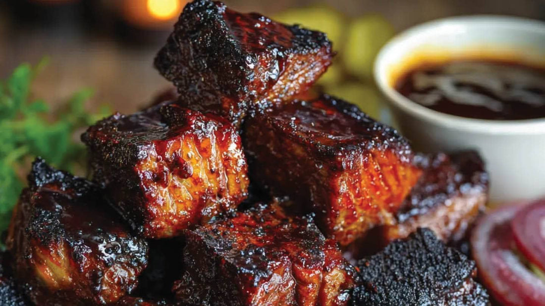 Cooked BBQ burnt ends, plated with sides and sauces