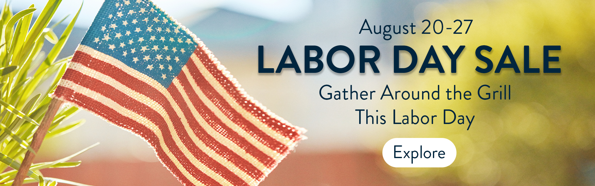 Labor Day sale promotional banner with a waving American flag on the left, bright blurred outdoor background, and text reading 'August 20-27 Labor Day Sale Gather Around the Grill This Labor Day' with an 'Explore' button.